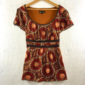I.N. Studio Womens Y2K Mesh‎ Babydoll Top Sz M Medallion Retro Boho Mod Belted